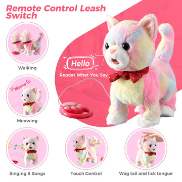 Colorful Leash Walking Cat Set Toy Interactive Talking Cat Singing Dancing Kitten Mimicking Repeat What You Say Kitty Touch And Voice Control Nodding Wagging Tail Plush Electric Robot For Kid Girl