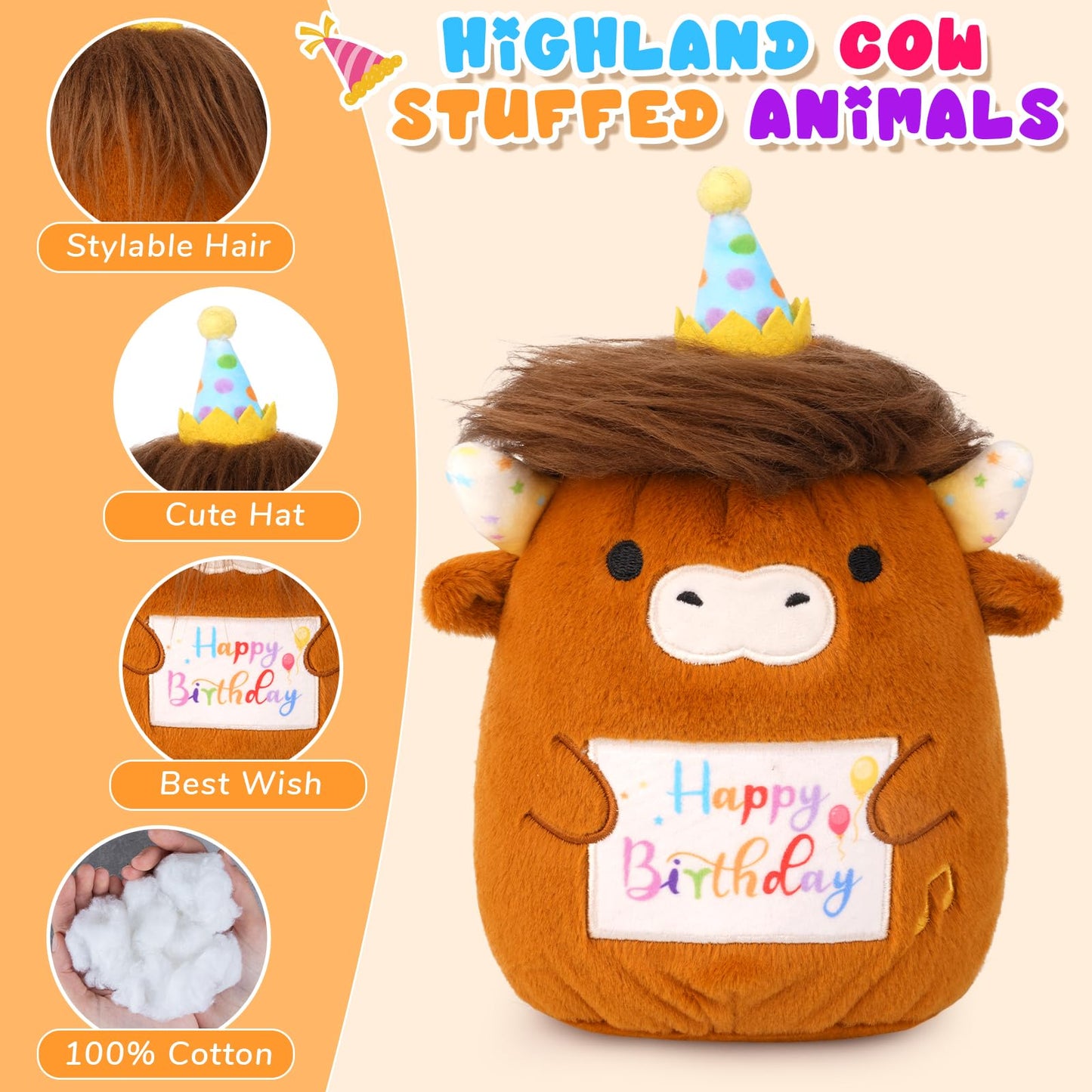 Highland Cow Birthday Stuffed Animal,8inch Long Hair Cow Plush with Happy Brithday Song Led Ligth Hat,Huggable Brown Plush Cow C