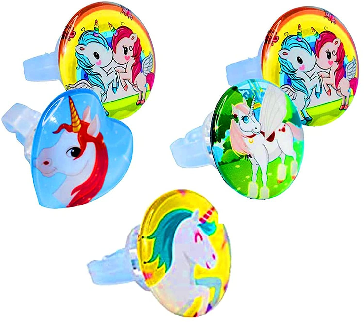 Prezzie Villa Pack Of 4 Girls Kids Unicorn Cartoon Pretend Play Toy With Light Fancy Finger Rings For Birthday Gifting Suitable 
