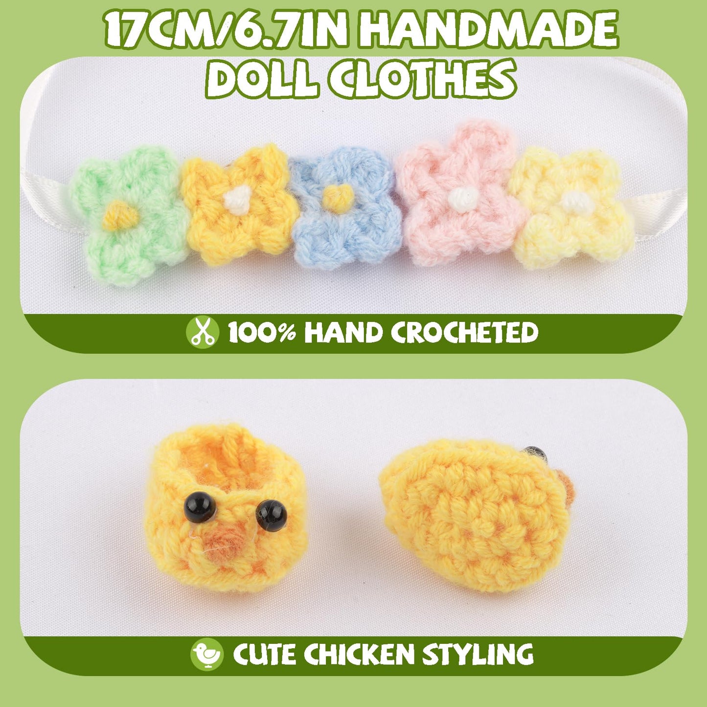 Handmade Clothes for Doll  5-Piece Set Woolen Crochet Doll Clothes 6.7in/17cm Outfits Cute Accessories Includes Chickadee Shoes+Straw Skirt+Bikini top+Floral Headband+Strawberry Backpack