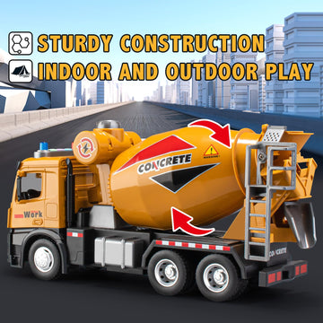 TAKGUD 11.5 Cement Mixer Toy Truck with Sounds & Lights, Friction Powered Construction Vehicle for Kids, Yellow Birthday Gift