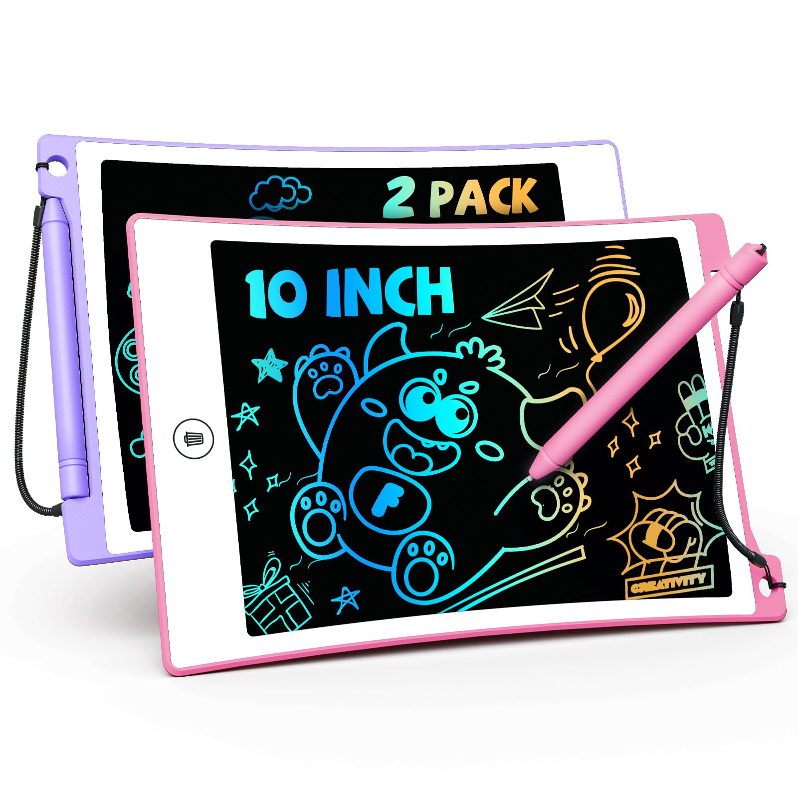 Tekfun 10In 2 Pack Lcd Writing Tablet Coloring Doodle Board Drawing Sketch Pad For Kids With Anti-Lost Stylus, Car Trip Educatio
