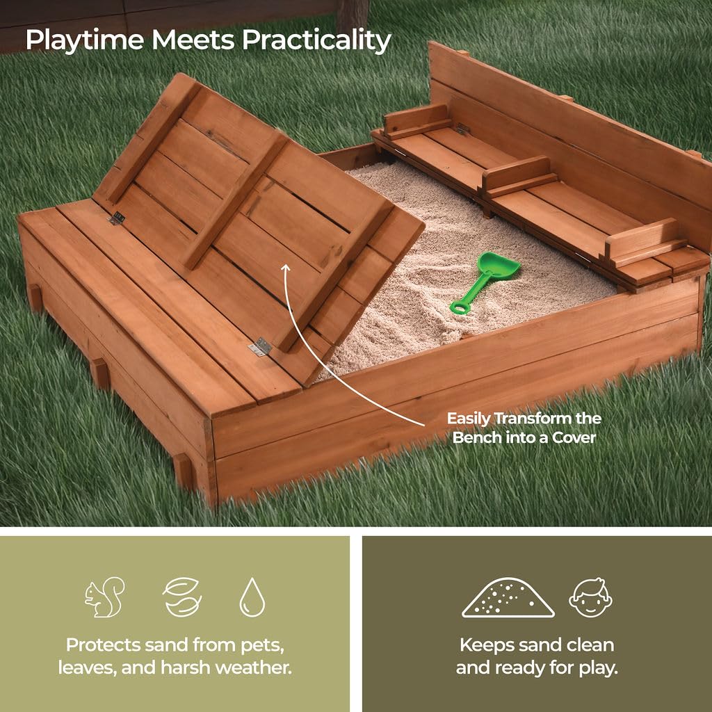 Large Wooden Kids Sandbox With Lid - Outdoor Sand Box For Kids With Cover Sand Protection, Foldable Bench Seats And Bottom Liner