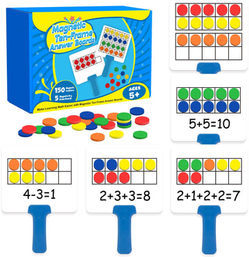Quilinz Magnetic Ten Frame Set - 5 Dry Erase Paddles & 150 Math Counters, Math Manipulatives for Kids, Red/Orange/Yellow/Green/Blue, EVA