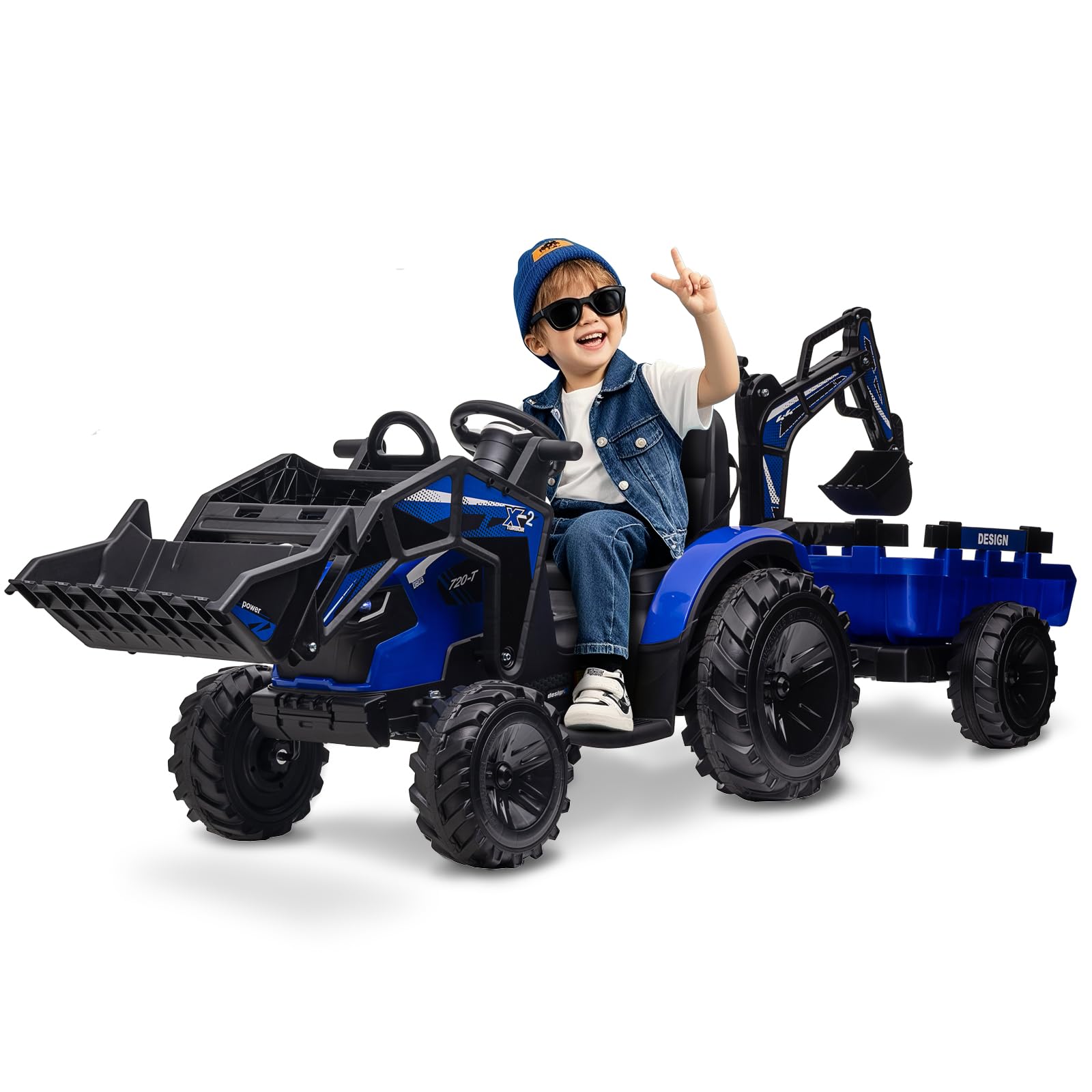 3 in 1 Ride on Tractor, 24V Ride on Toy for Big Kids, Excavator Bulldozer - Battery-Powered Electric Vehicle w/Trailer, Digger, 