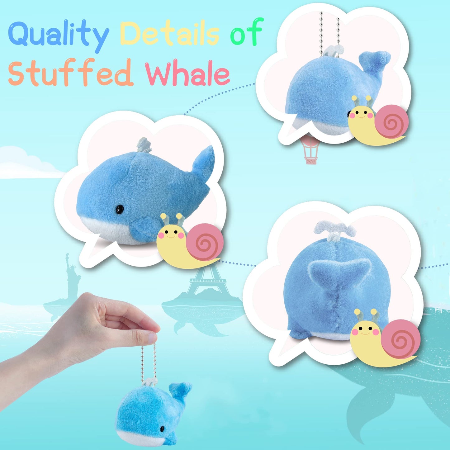 Whale Plush Toy Set BB FUNHOUSE 6 Packs Soft Easter Animal Stuffed Plush Key Chain Set Goodie Bag Fillers Party Favor Carnival Prizes for Kids Boys and Girls  3.14inch