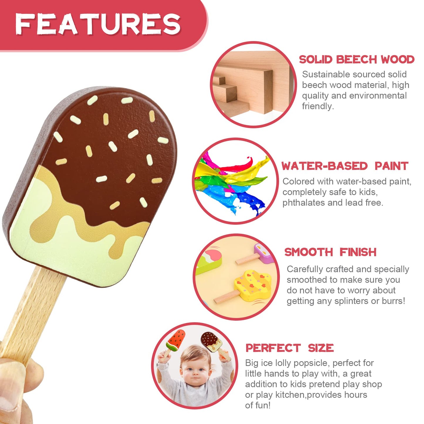 Wooden Ice Cream Toy for Kids, Toddler Pretend Play Food Ice Lolly Pops Set, Preschool Educational Toys and Gifts for Kids Age 3