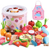 WHOHOLL Wooden Play Food Toys for Kids Kitchen Playset, Play Kitchen Accessories with Apron Pretend Cutting Food Montessori Toys