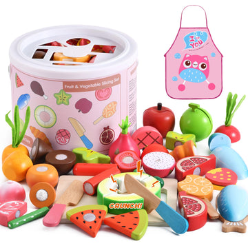 WHOHOLL Wooden Play Food Toys for Kids Kitchen Playset, Play Kitchen Accessories with Apron Pretend Cutting Food Montessori Toys