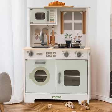 ROBUD Play Kitchen for Kids, Wooden Kids Kitchen Playset with Lights & Sounds, Pots, Cookware, Pretend Kitchen Gift for Boys Gir
