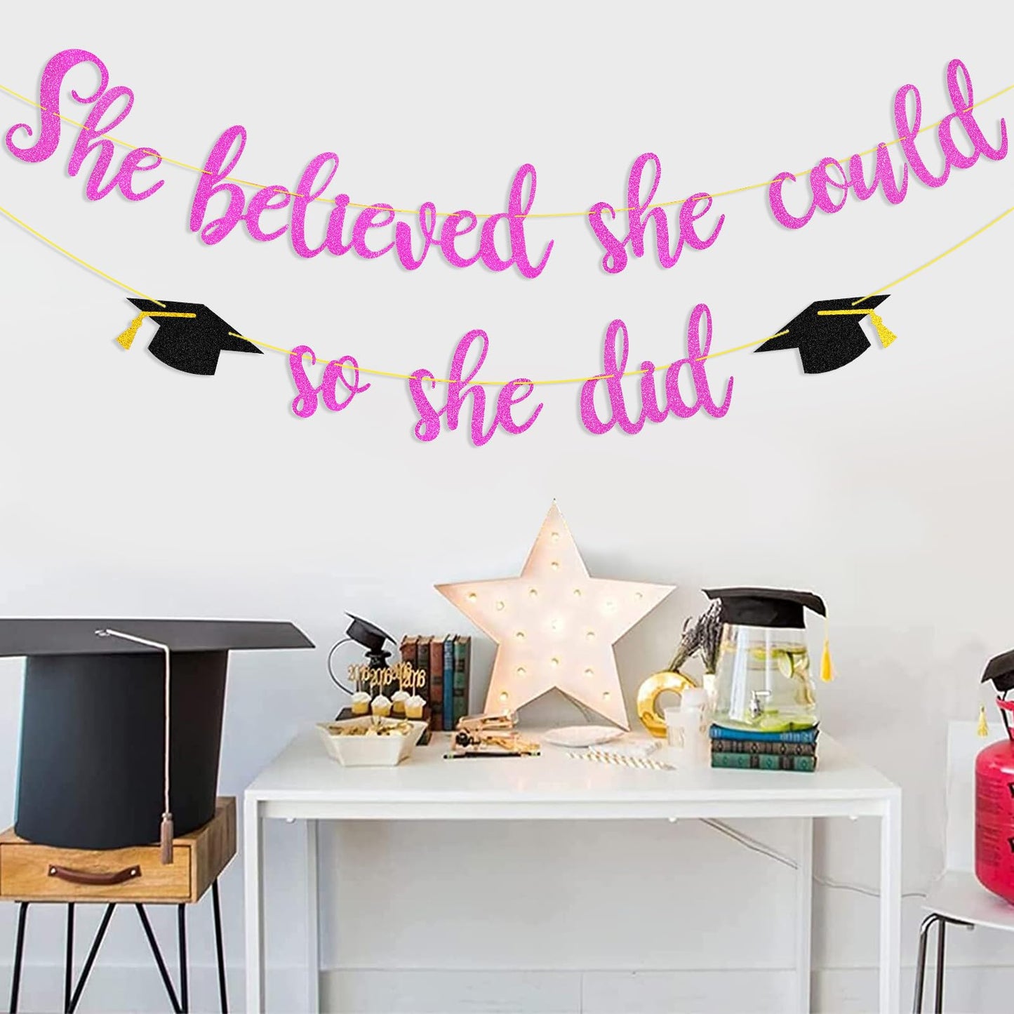 She Believed She Could So She Did Banner Decorations - Glitter She Did It 2024 Garland Graduation Bunting Banner, Congrats Grad