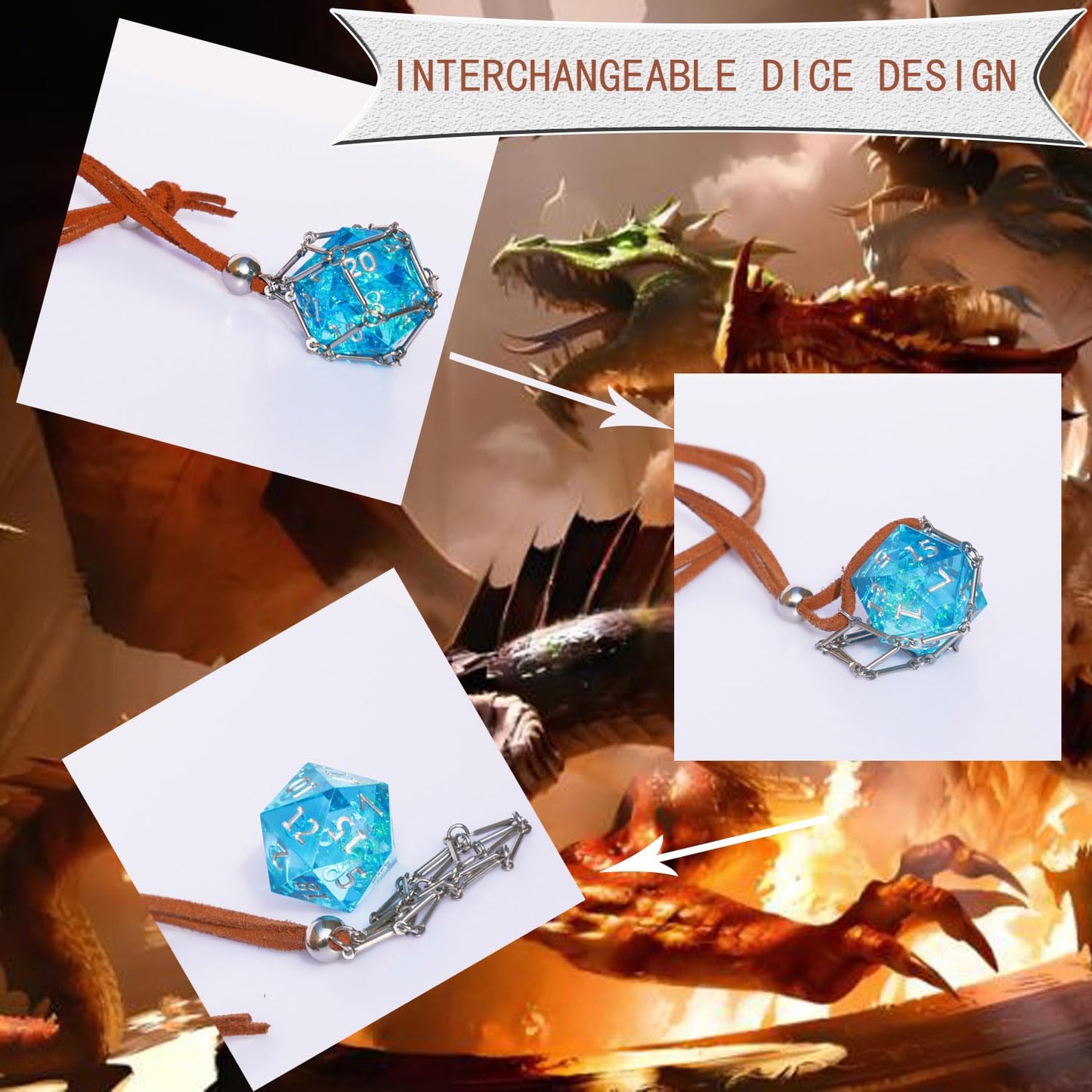 Generic DND D20 Dice Removable D20 with Leather Chain & Solid Steel Cage for Dungeons and Dragons Role Playing Game RPG (Dragon'