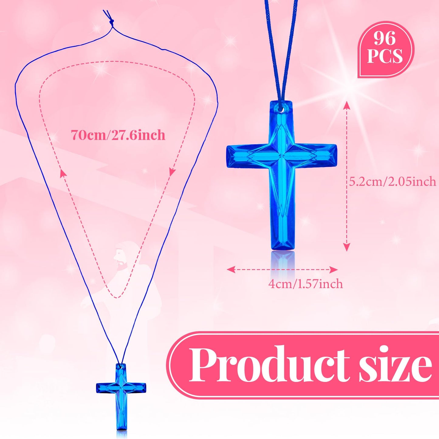 96 Pcs Crystal Cross Necklace Plastic Colored Necklaces Christian Religious Party Favors Christian Toys for Sunday School Prize