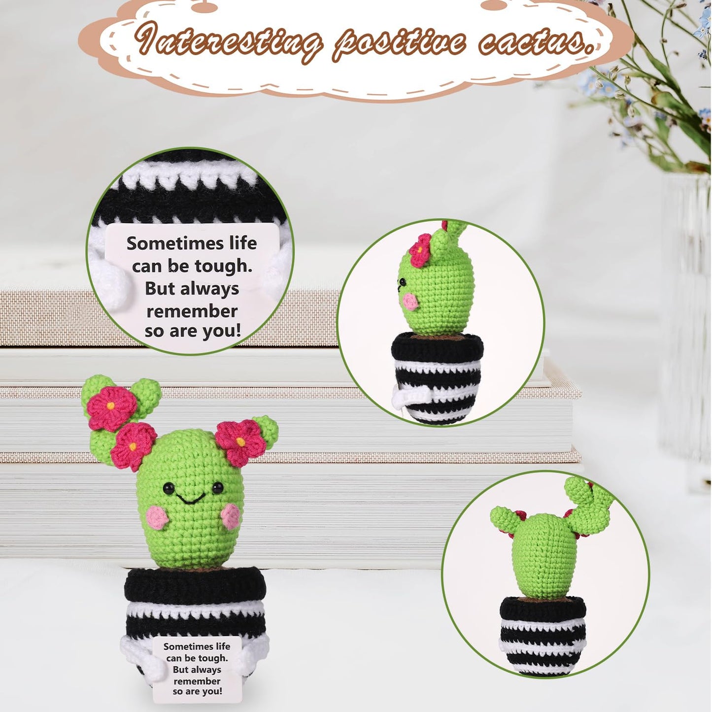Lasuroa Positive Cactus Crochet, 6.3 Inch Green Positive Knitted Plants Cactus Doll Toy Funny Emotional Potato Holding Support Card Small Cactus Decorations For Mexico Christmas Party Birthday Gifts