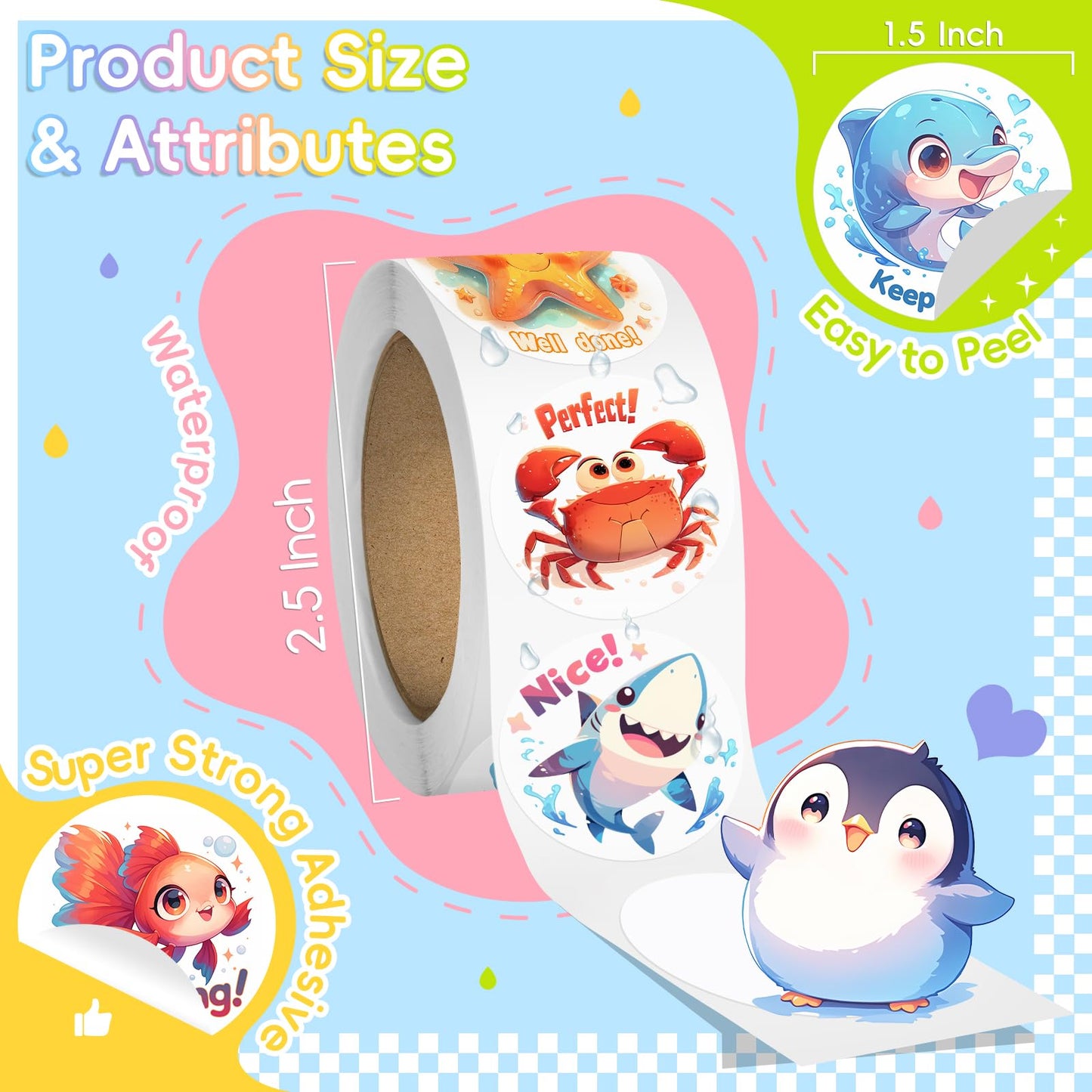 JIXZEN 1.5 Inch Animal Stickers for Kids, 3 Rolls 1500 PCS Cute Stickers for Toddlers 2-4 Years, 24 Designs Farm/Ocean/Wild Moti