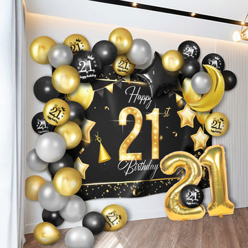 Happy 21St Birthday Balloons Gold Set Decor - Cheers To 21 Years Old Party Theme Garland Star Moon Banner Backdrop Decorations F