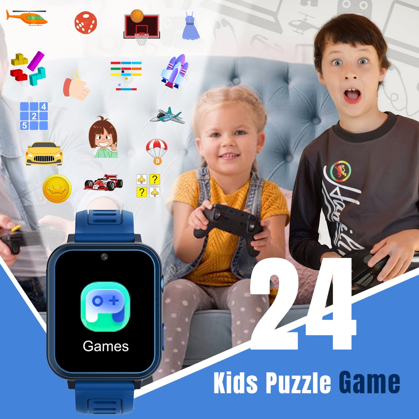 Smart Watch For Kids With 24 Puzzle Games Hd Touch Screen Camera Music Player Pedometer Alarm Clock Calculator Flashlight 12/24 Hr Kids Watches Gift For 4-12 Year Old Boys Toys For Kids