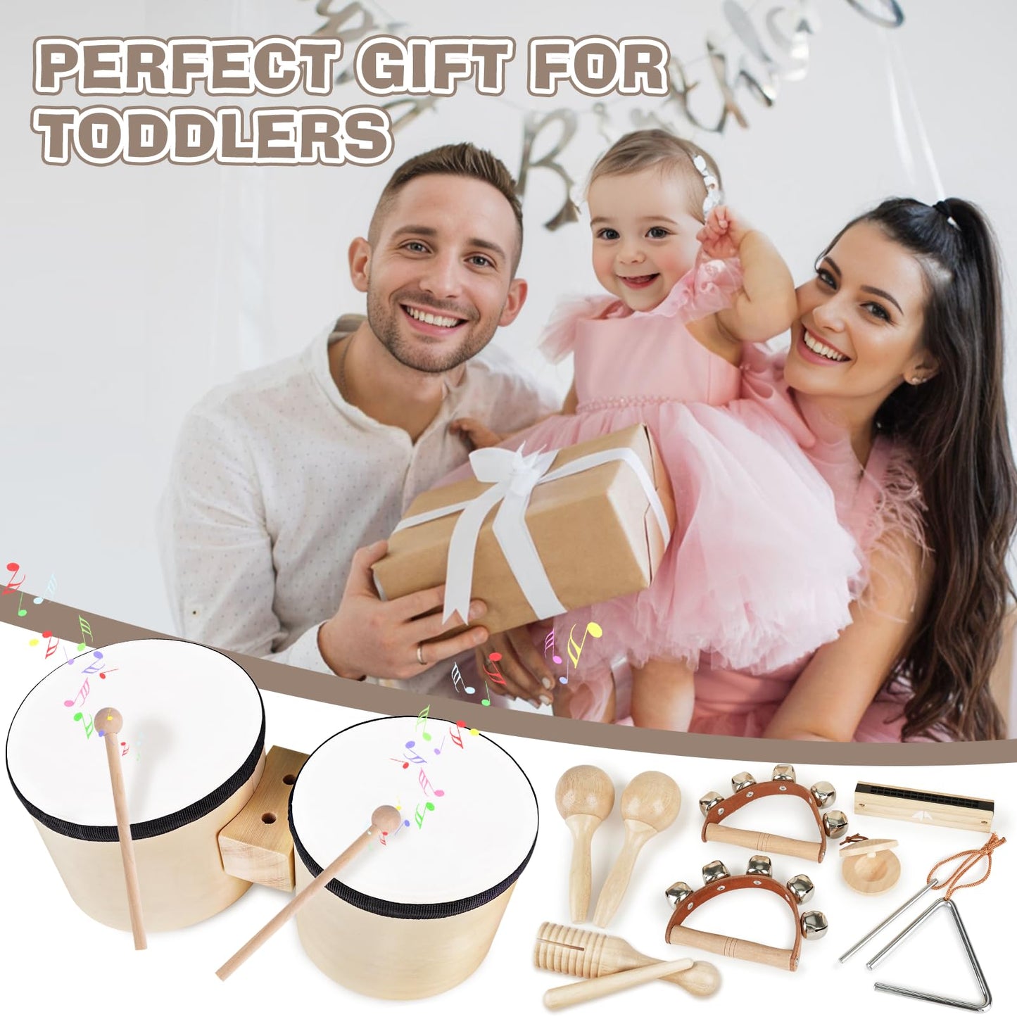 Drum Set For Toddlers 1-3, Wooden Musical Instruments Toys For 1 Year Old Girls Gifts, Montessori Toys For Babies 6-12-18 Months With Bongo Drum, One First Christmas Birthday Gifts For Boys Age 2-4