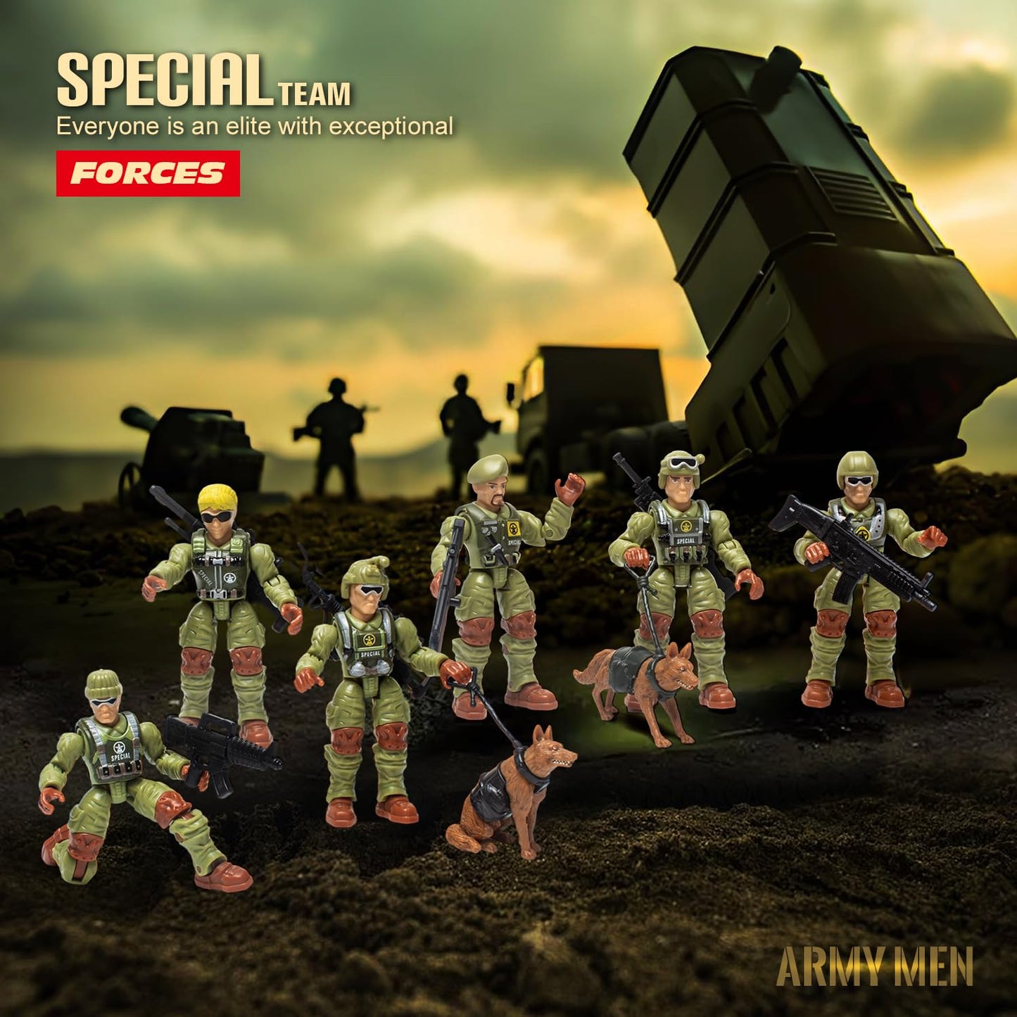Baimiby Army Men Action Figures Toy Soldiers for Boys Age 4-7 Military Playset 6Pcs Army Toys with 2 Dog Figures and 6  Army Toy Set Birthday for Toddler 3+