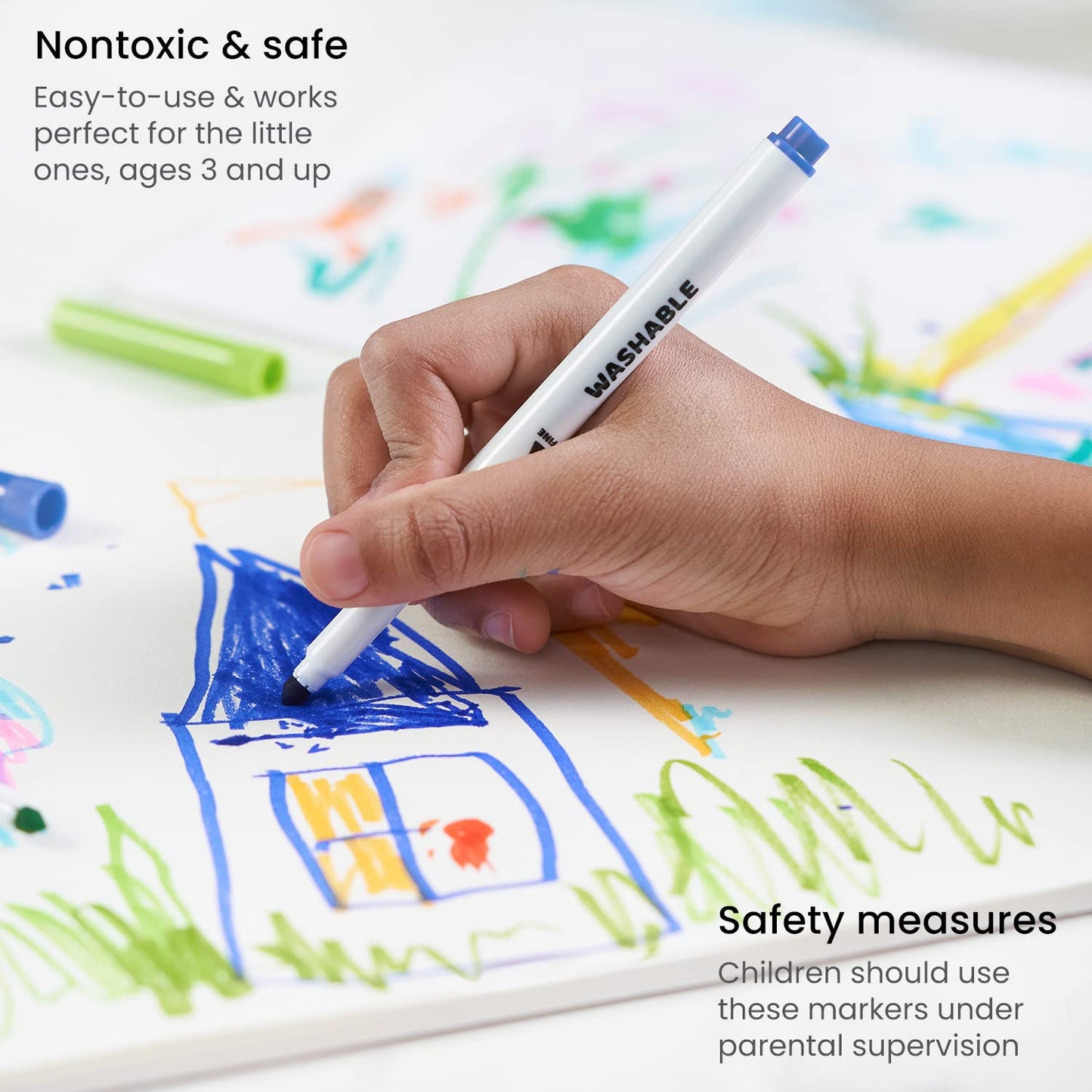 ARTEZA Kids Fine Tip Washable Markers, 42 Bright Colors, 36 Washable Marker Pens and 6 Non-Washable Neon Pens, School Supplies f