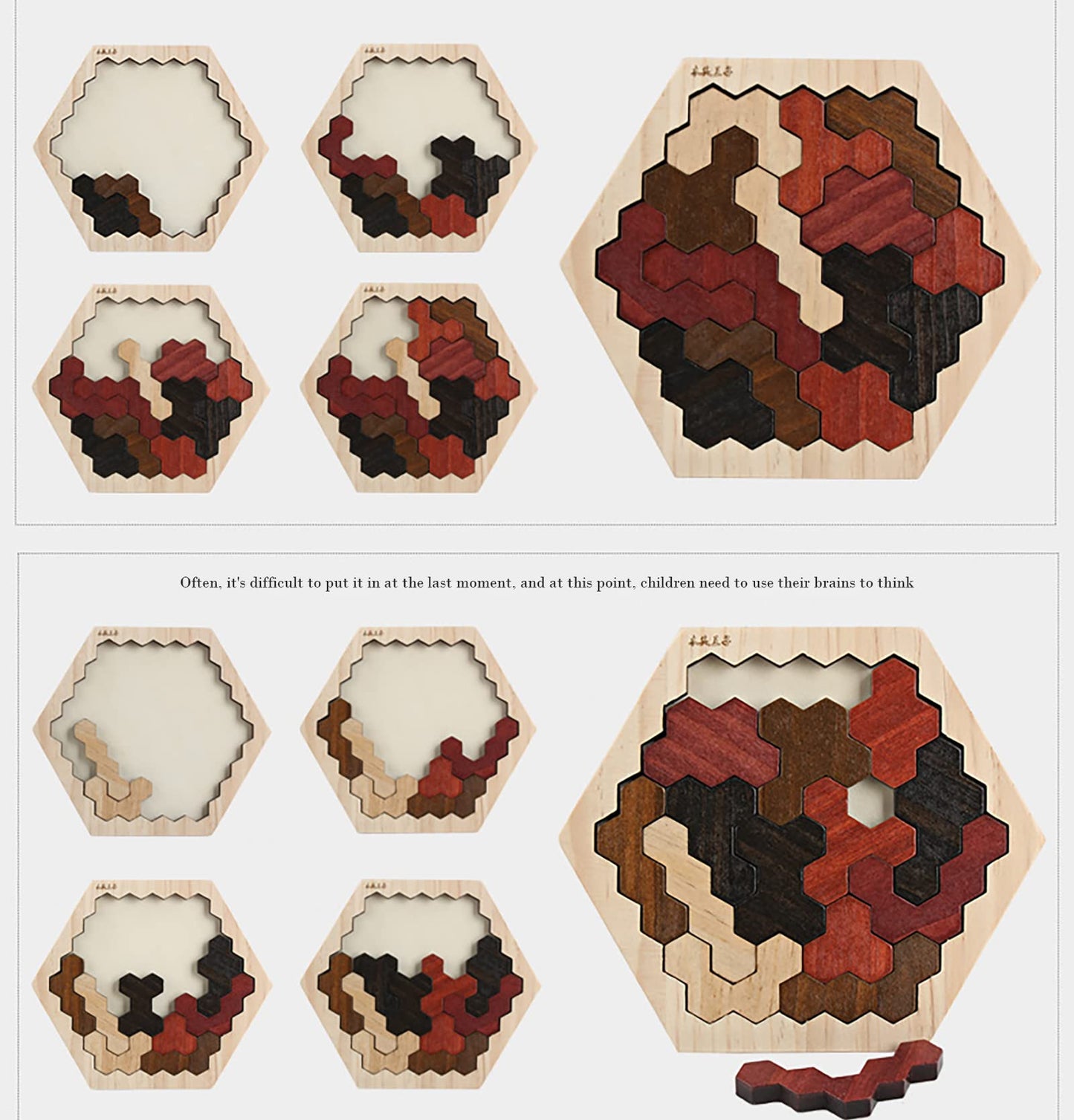 Wooden Blocks Puzzle Brain Teasers Toy Large Wooden Hexagon Puzzle For Kids Adults Tangram Brain Teaser Puzzles Geometry Logic Iq Games Stem Montessori Educational Gift For Kids (Cellular Brown)