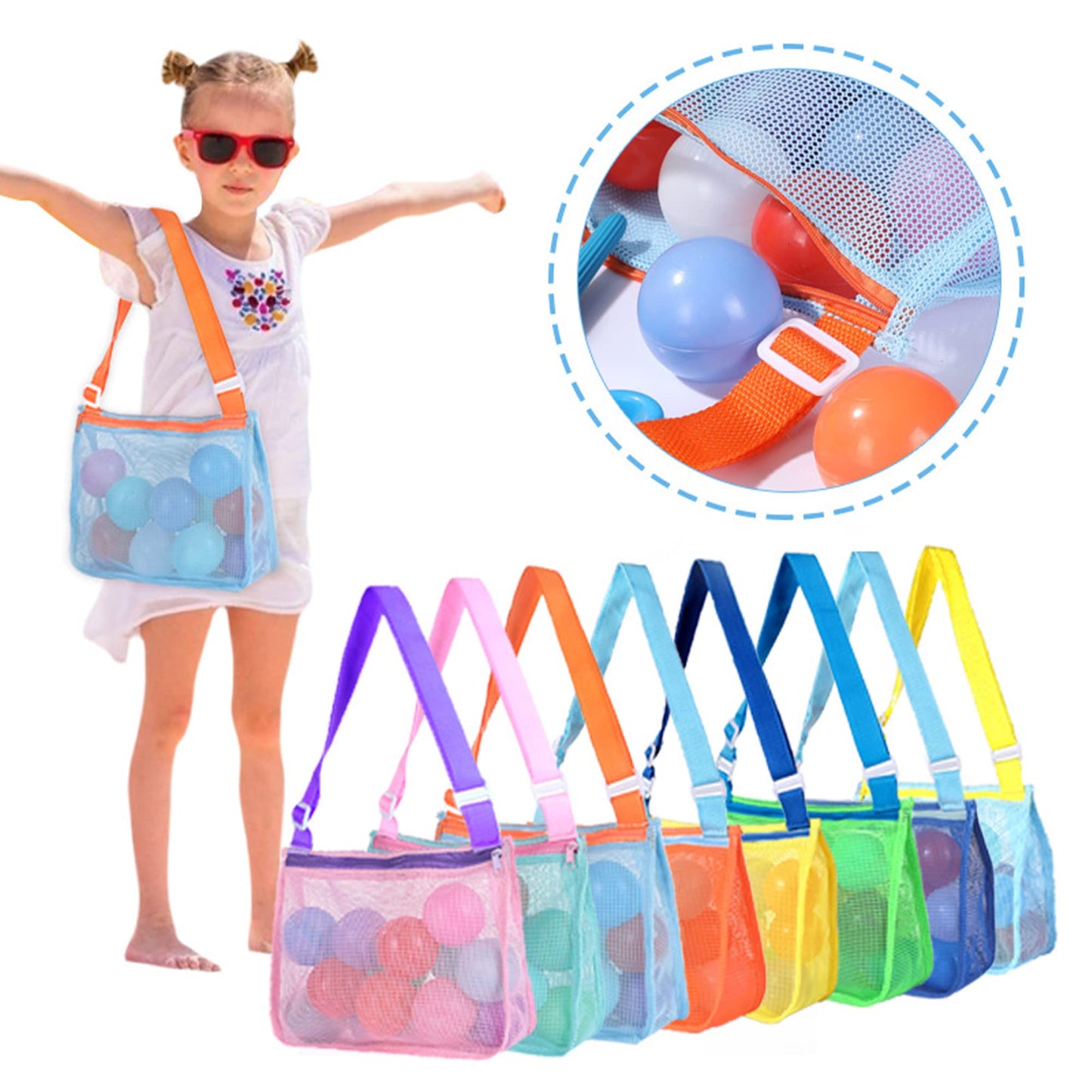UTTPLL Mesh Beach Bag Adjustable Kids Quick Dry Colorful Net Tote for Seashell Collecting Beach Totes Swimming Accessories for T