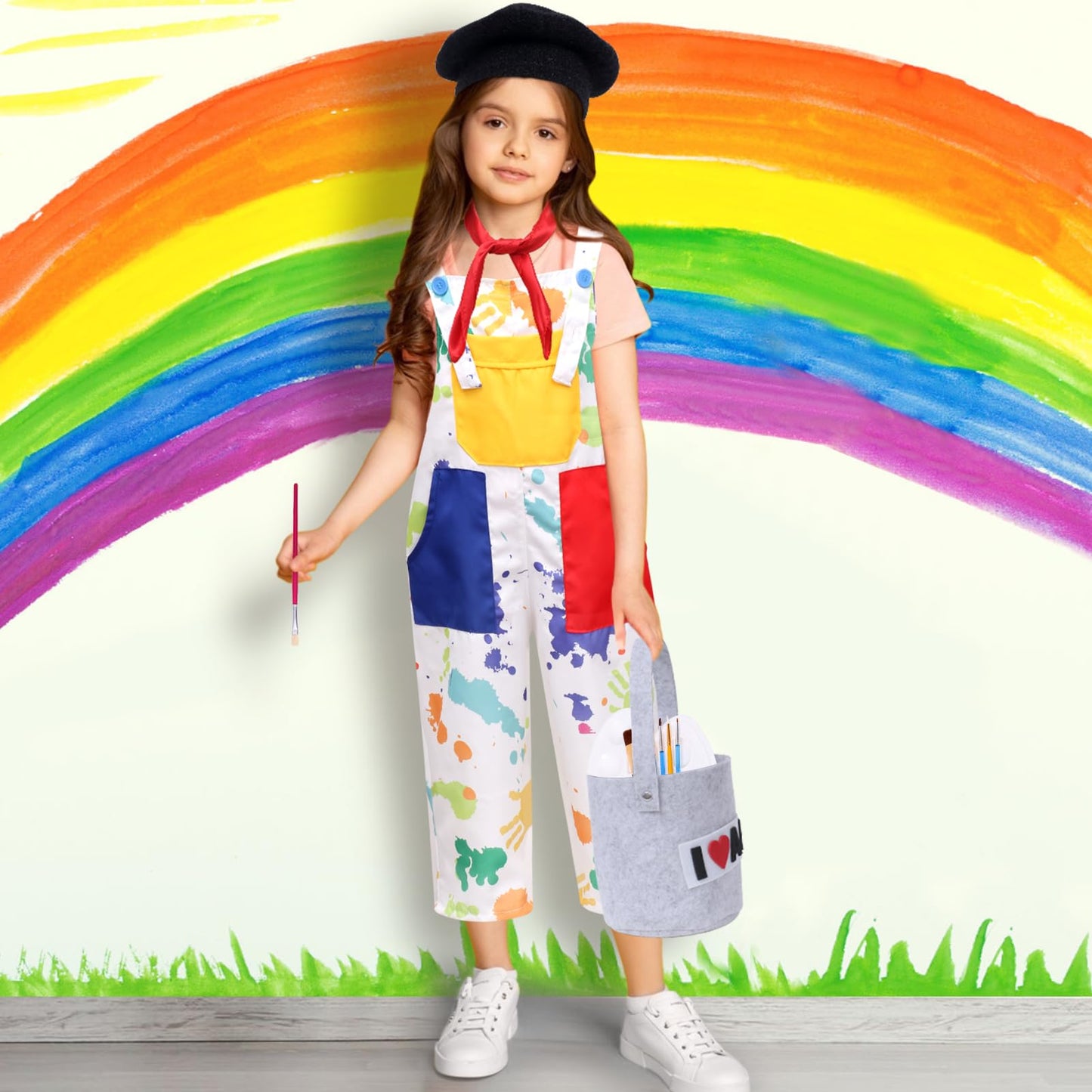 Tacobear Kids Artist Costume With Overalls Beret Beard Bow Tie Paint Bucket Brush, Halloween Career Day Outfit For Boys Girls