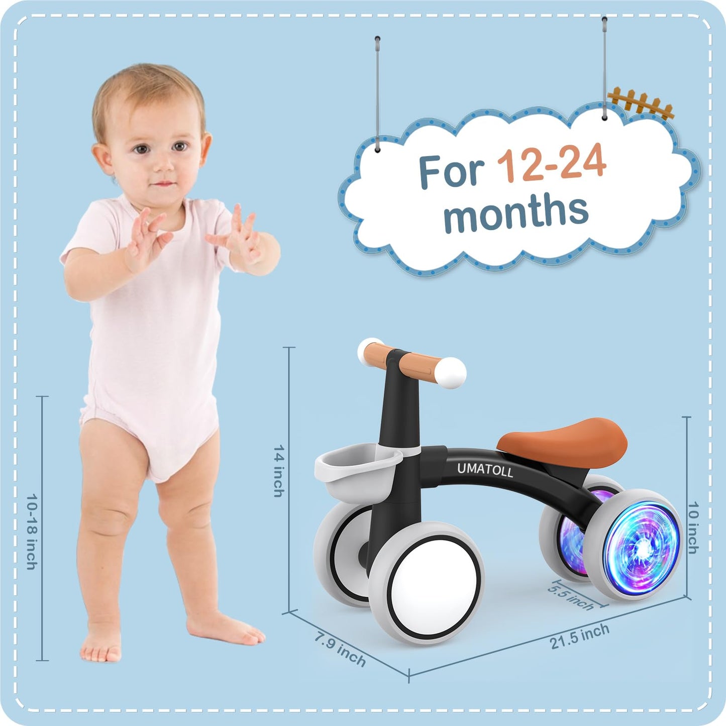 Umatoll Colorful Lighting Baby Balance Bike For 1 Year Old Boys Girls, 12-24 Months Toddler Balance Bike With Removable Basket,