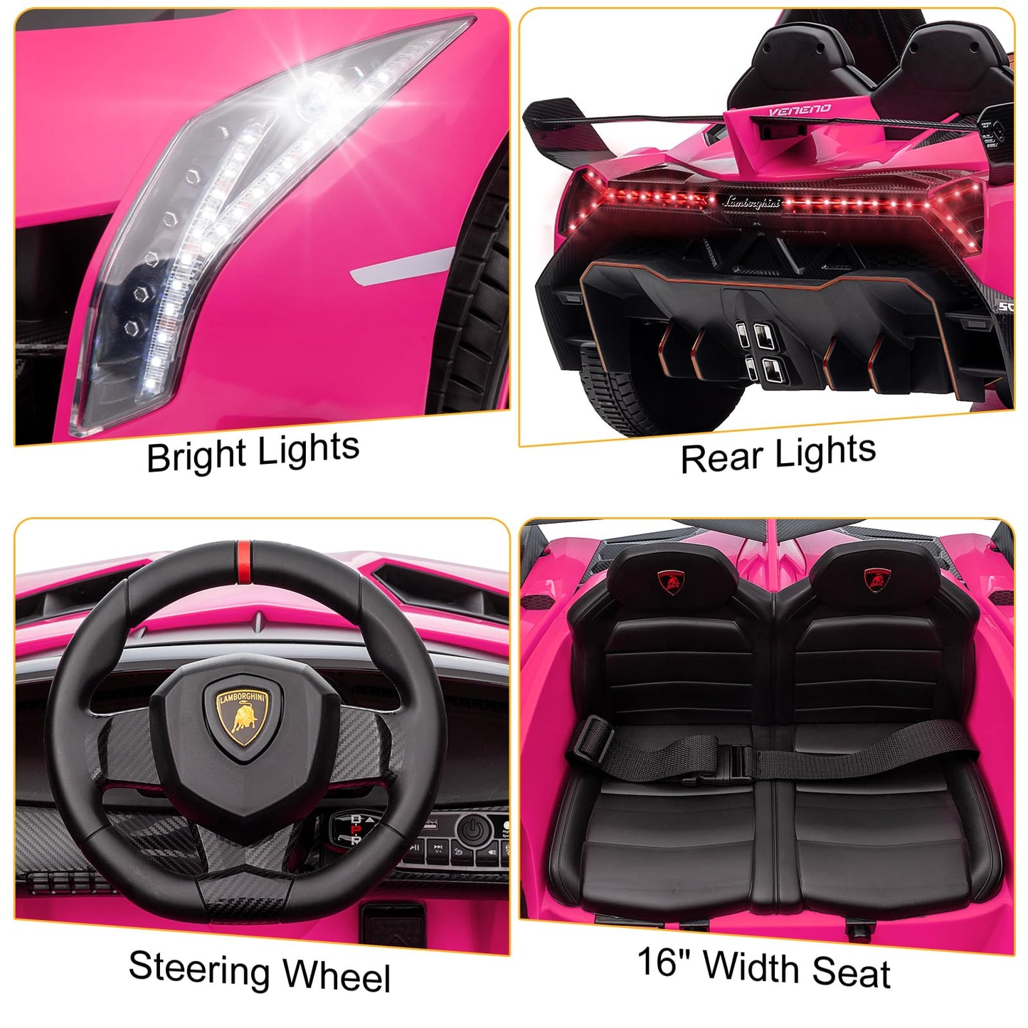 Winado 12V Electric Vehicle Lamborghini Veneno for Kids - Large Pink, Battery Powered, Hydraulic Doors, 3 Speeds, LED Headlights, Model LBJN-200