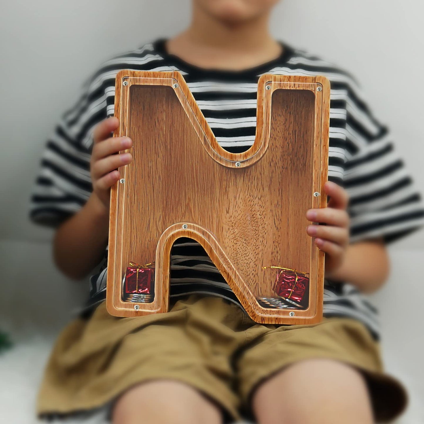 Piggy Bank For Kids Boys Girls, Large Personalized Wooden Letter Piggy Bank With Cut-Out Design, Alphabet Letter Coin Banks, Money Savings Box, Wooden Bank For Kids Creative Gift For Real-Money(N)