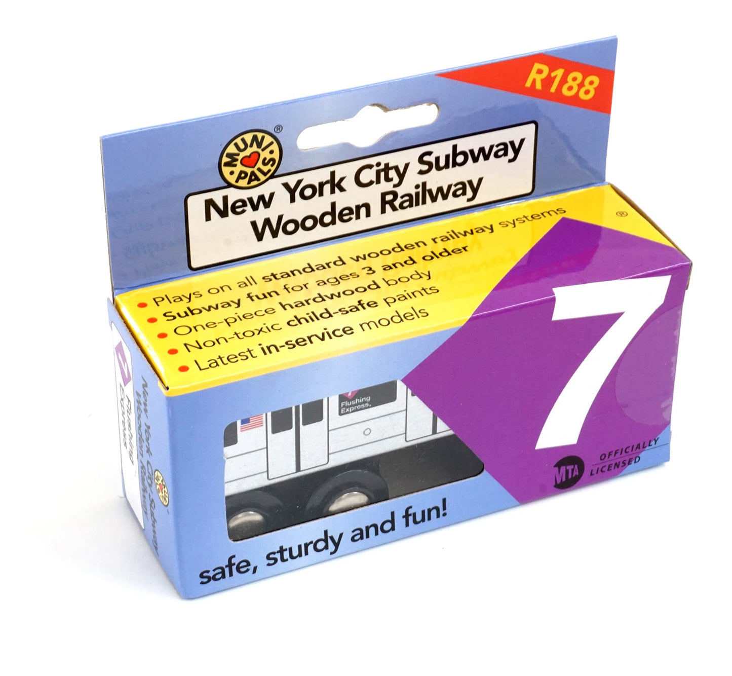 MUNI PALS Wooden Toy Train - New York City Subway 7-Train Flushing Express, Child Safe, Natural Wood
