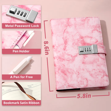 Cagie Marble Diary With Lock For Girls And Women, Waterproof Journal With Lock 192 Pages Secret Girls Locked Diary With Pen, Password Locked Journals For Teen Girls, A5 Pink