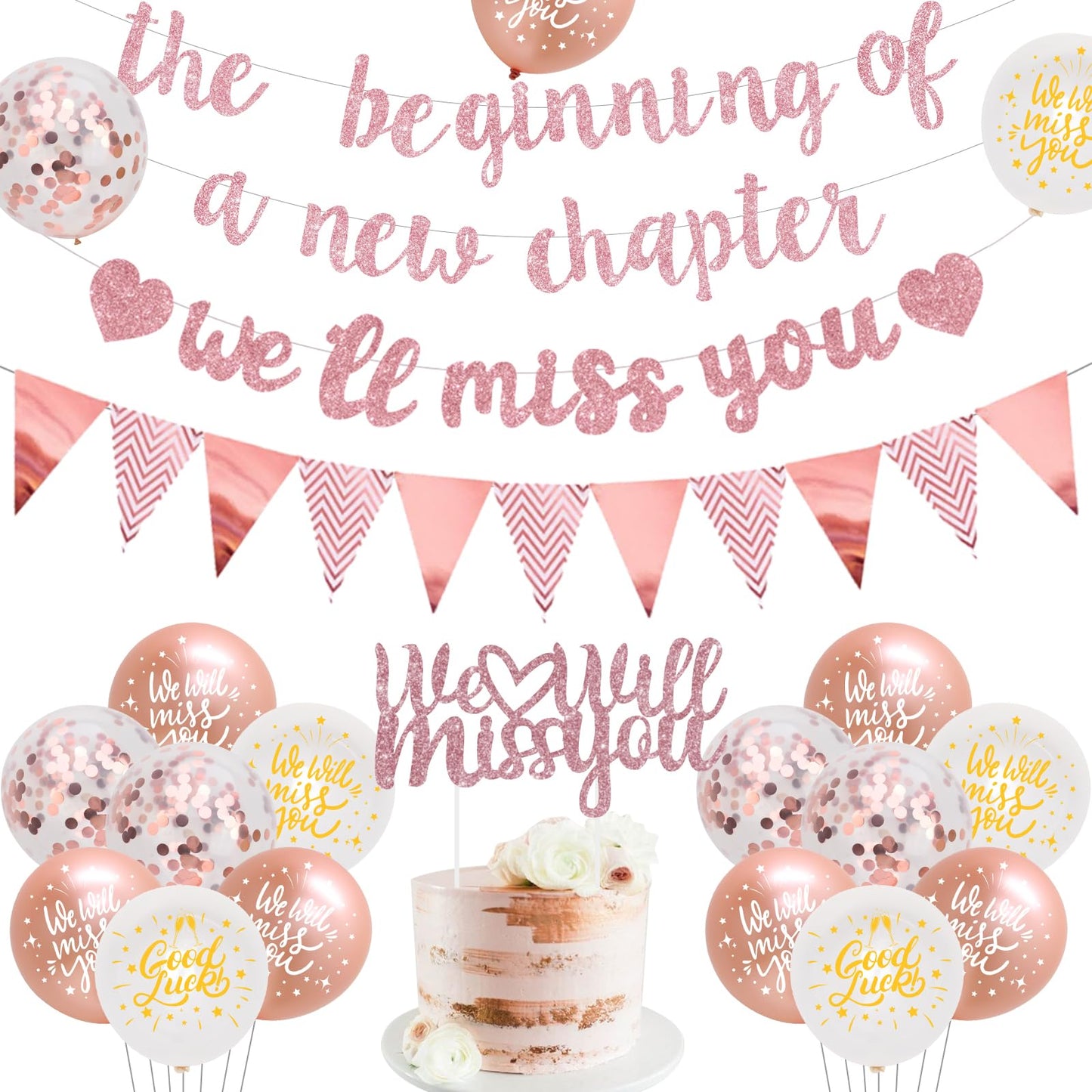 Farewell Party Decorations The Beginning of A New Chapter Going Away We Will Miss You Theme Balloons Banner, Rose Gold Retiremen