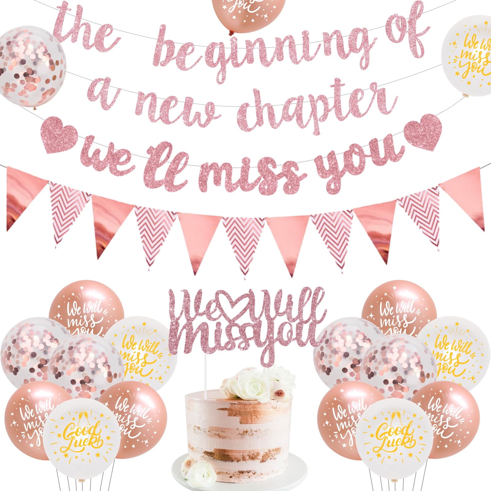 Farewell Party Decorations The Beginning of A New Chapter Going Away We Will Miss You Theme Balloons Banner, Rose Gold Retiremen