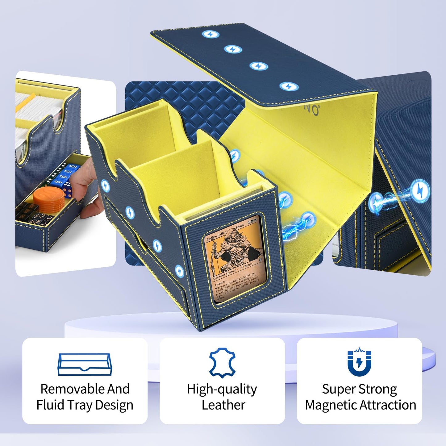 Uaono Card Deck Box For Mtg, Double Card Storage Box With 2 Commander Display & 1 Dice Tray, Fits 200+ Double Sleeved Cards, Card Organizer For Ccg Tcg Sports Cards (Blue Yellow)