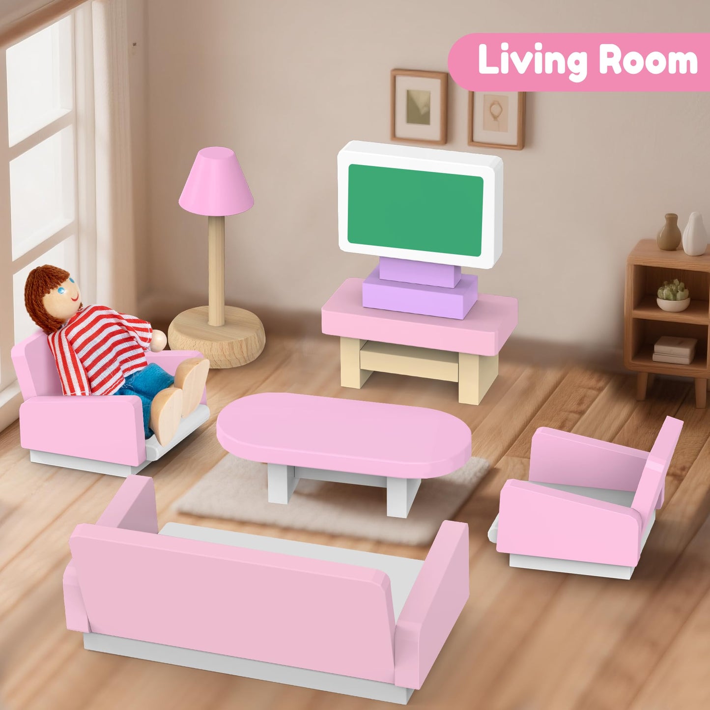 26pcs Wooden Dollhouse Furniture Set with 4 Family Dolls  Pink Dollhouse Accessories for 4 Rooms  Pretend Play Furniture Toy  Birthday Gift for Girls Boys Age 3 4 5 6 Years Old