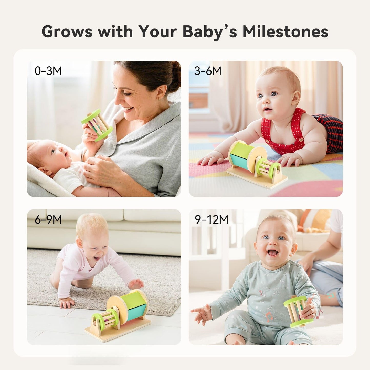 Ieatfo 2-In-1 Montessori Baby Toys | Wooden Spinning Drum & Rolling Rattle Combo For 3 6 12 Months | Sensory Development Toys Wi