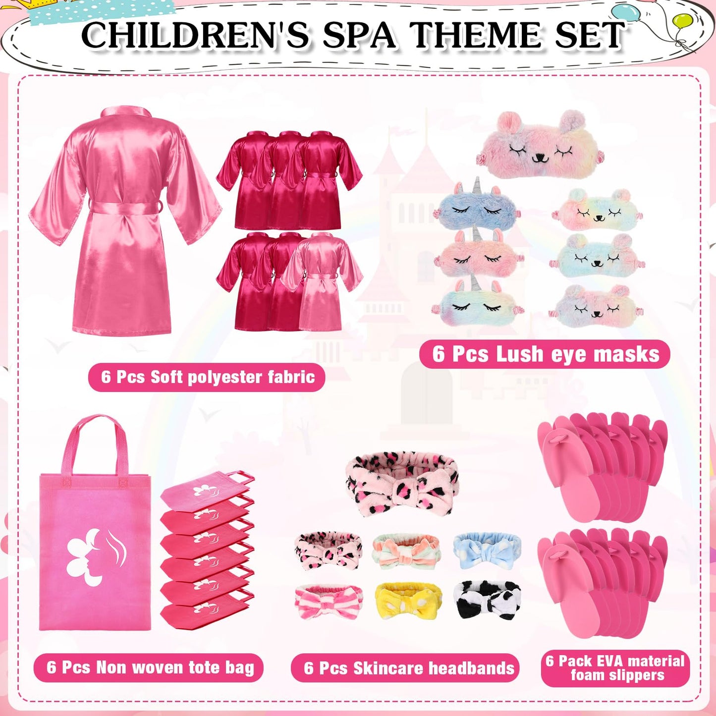 Shihanee 30 Pcs Spa Party Supplies For Girls, 6 Satin Robe 6 Kids Slippers Sleepover Birthday Spa Party Favors (5 Rose Red, 1 Pi