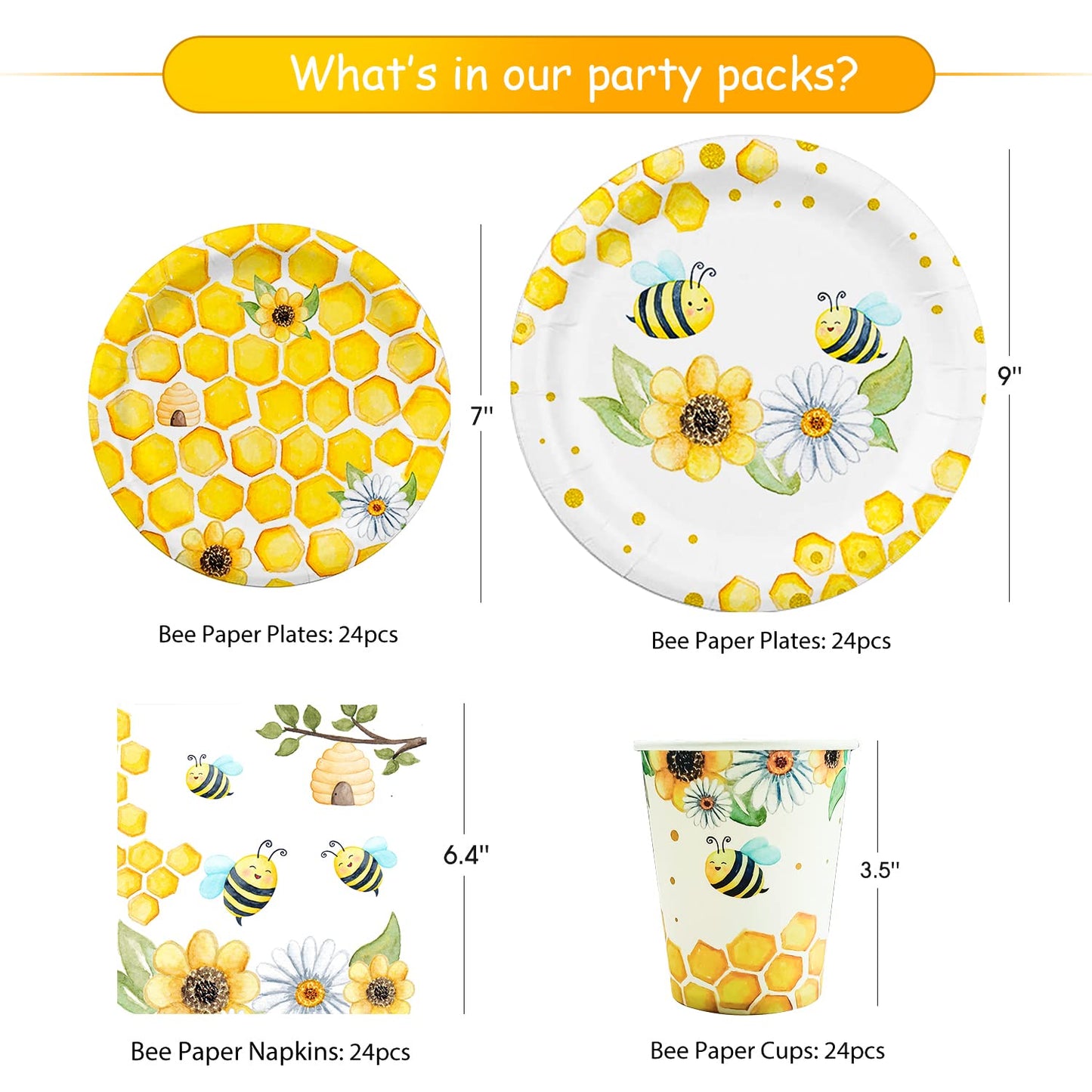 PYCALOW Bee Tableware Decorations - Bumble Bee Themed Party Supplies Include Backdrop, Banner, Plates, Cups, Napkins, Cutlery, T