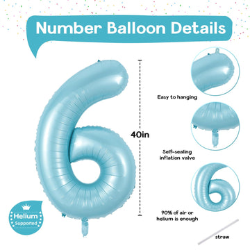 Light Blue Number 6 Balloon For Kids 6Th Birthday, 40 Inch Large Pearl Baby Blue Number Foil Balloon, Mylar Self Inflating Heliu