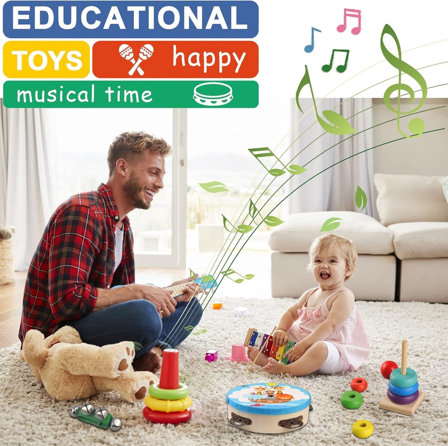 Looikoos Toddler Musical Instruments,Wooden Percussion Instruments For Baby Kids Preschool Educational Musical Toys Set Boys And Girls With Carrying Bag