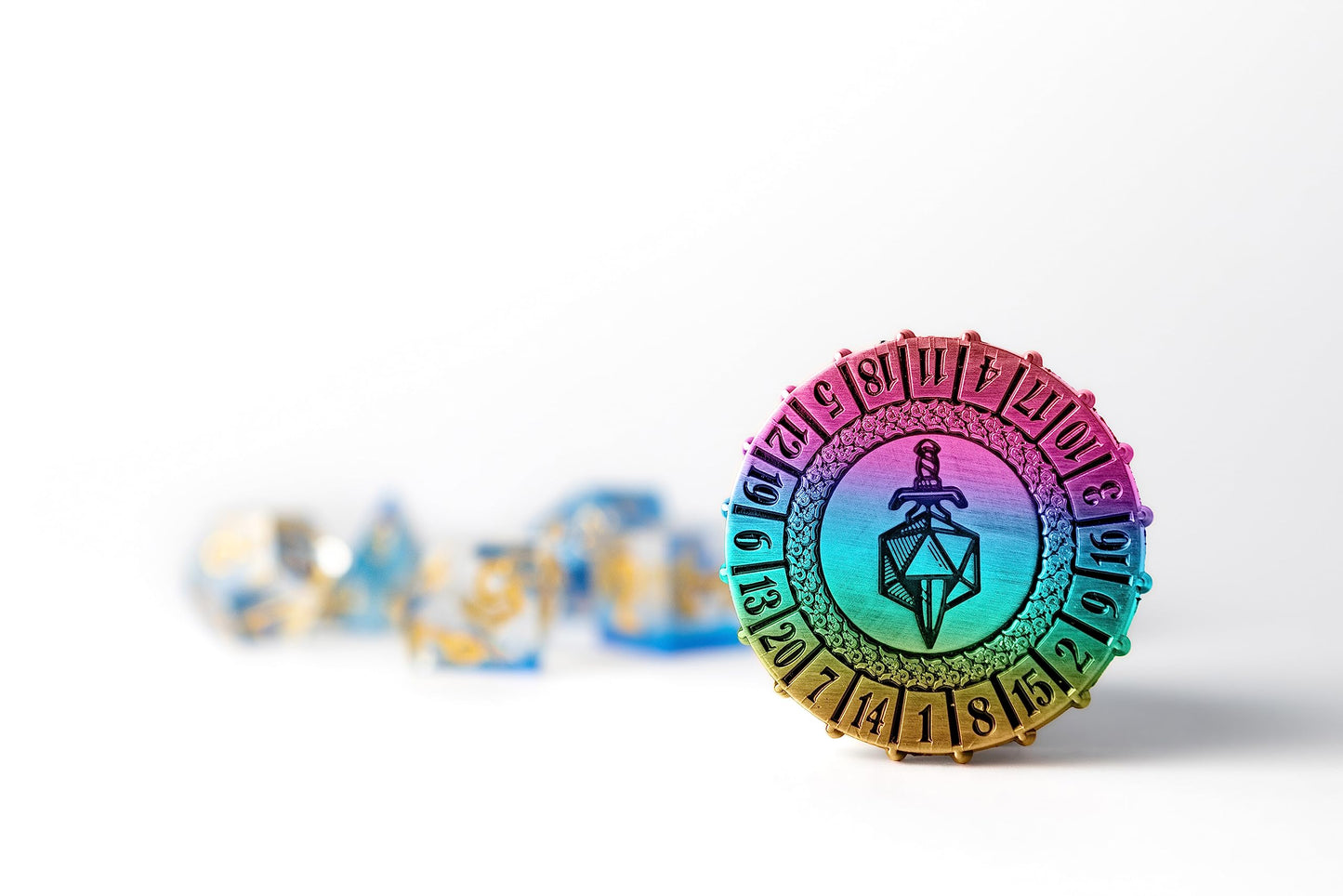 Metallic Dice Games Fanroll Metal d20 Spinner: Torched Rainbow