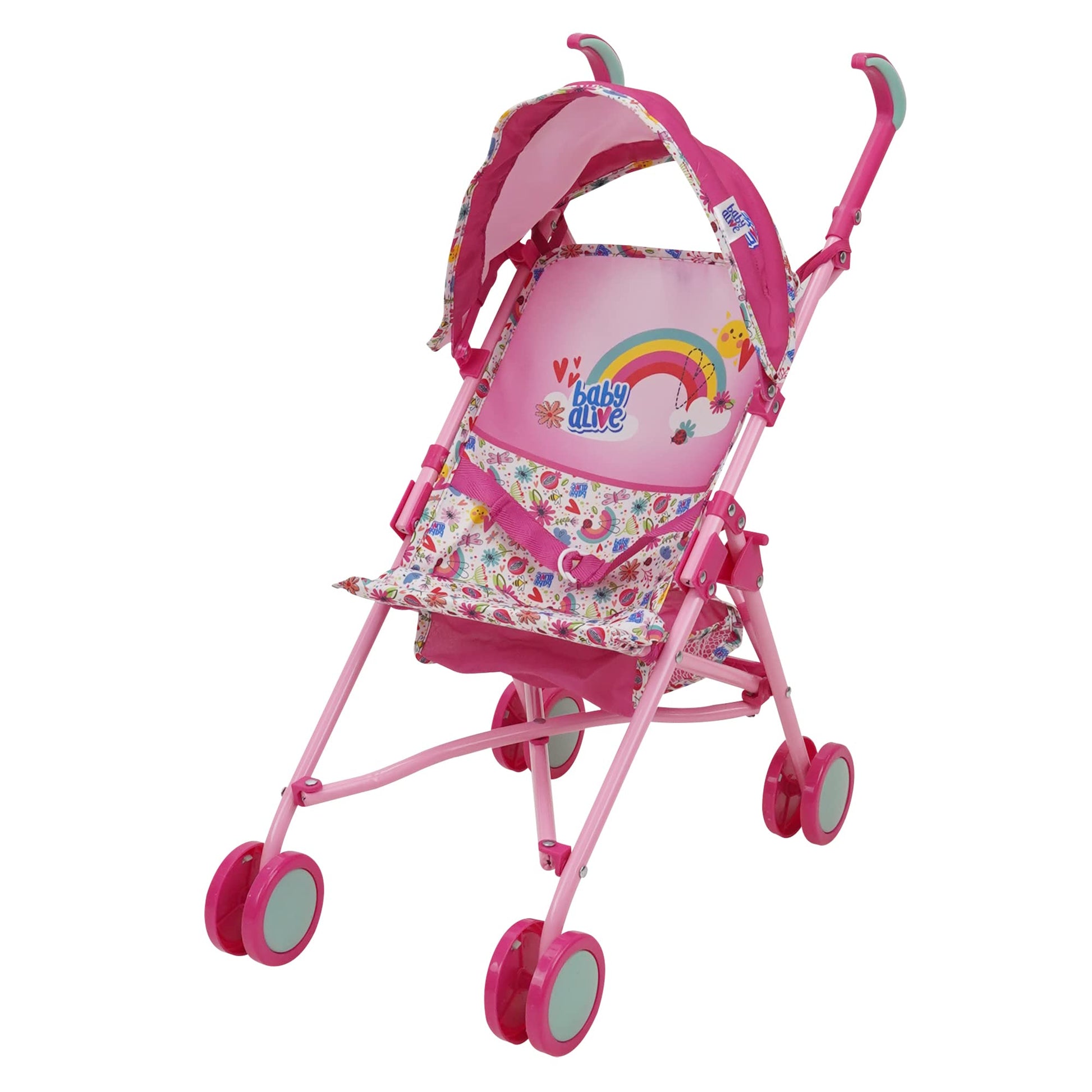 Baby Alive: Doll Stroller - Pink & Rainbow - Fits Dolls Up To 24'', Retractable Canopy, Safety Harness For Baby Doll, Two-Toned 
