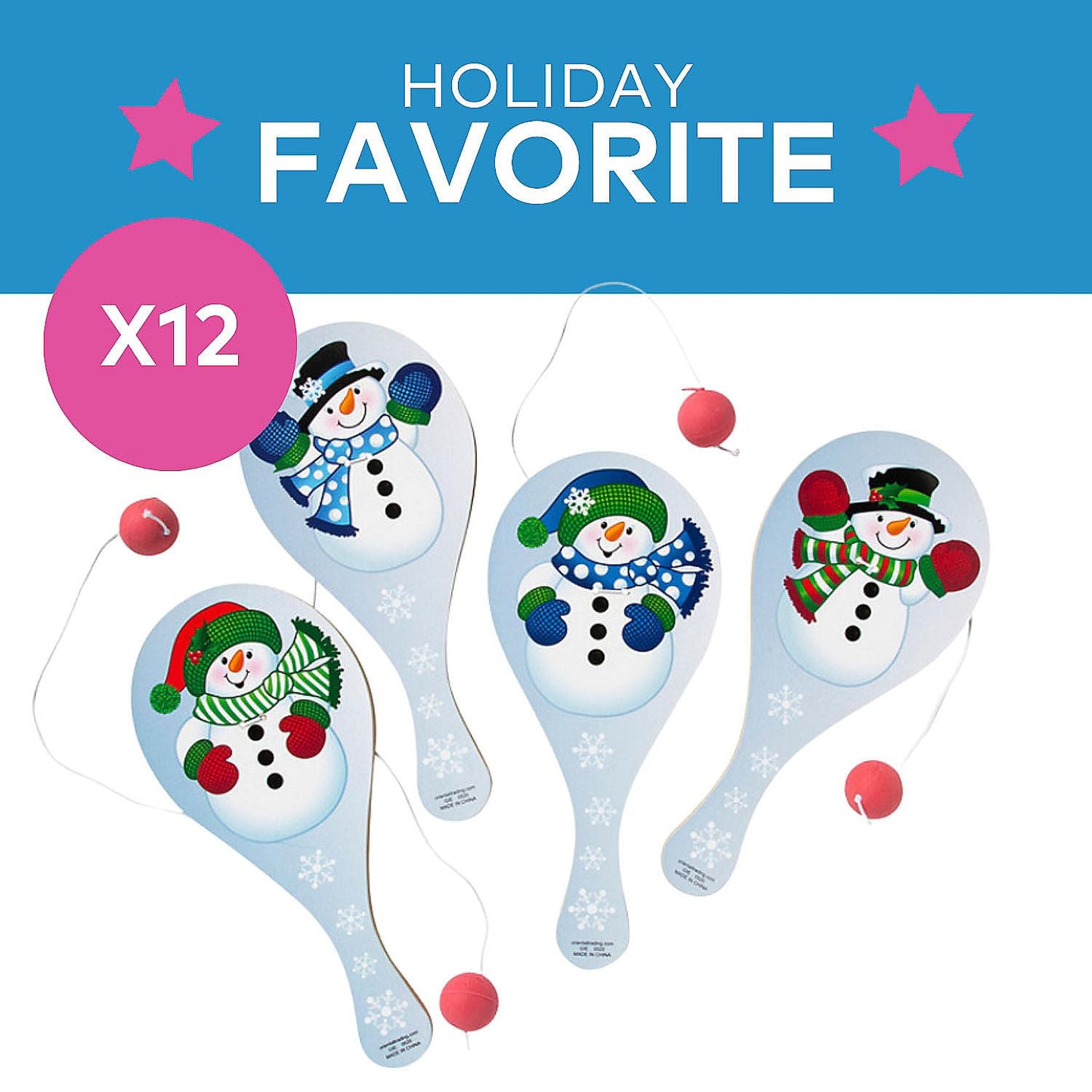 Snowman Paddle Ball Games - Set of 12 - Christmas Toy Game and Stocking Stuffer