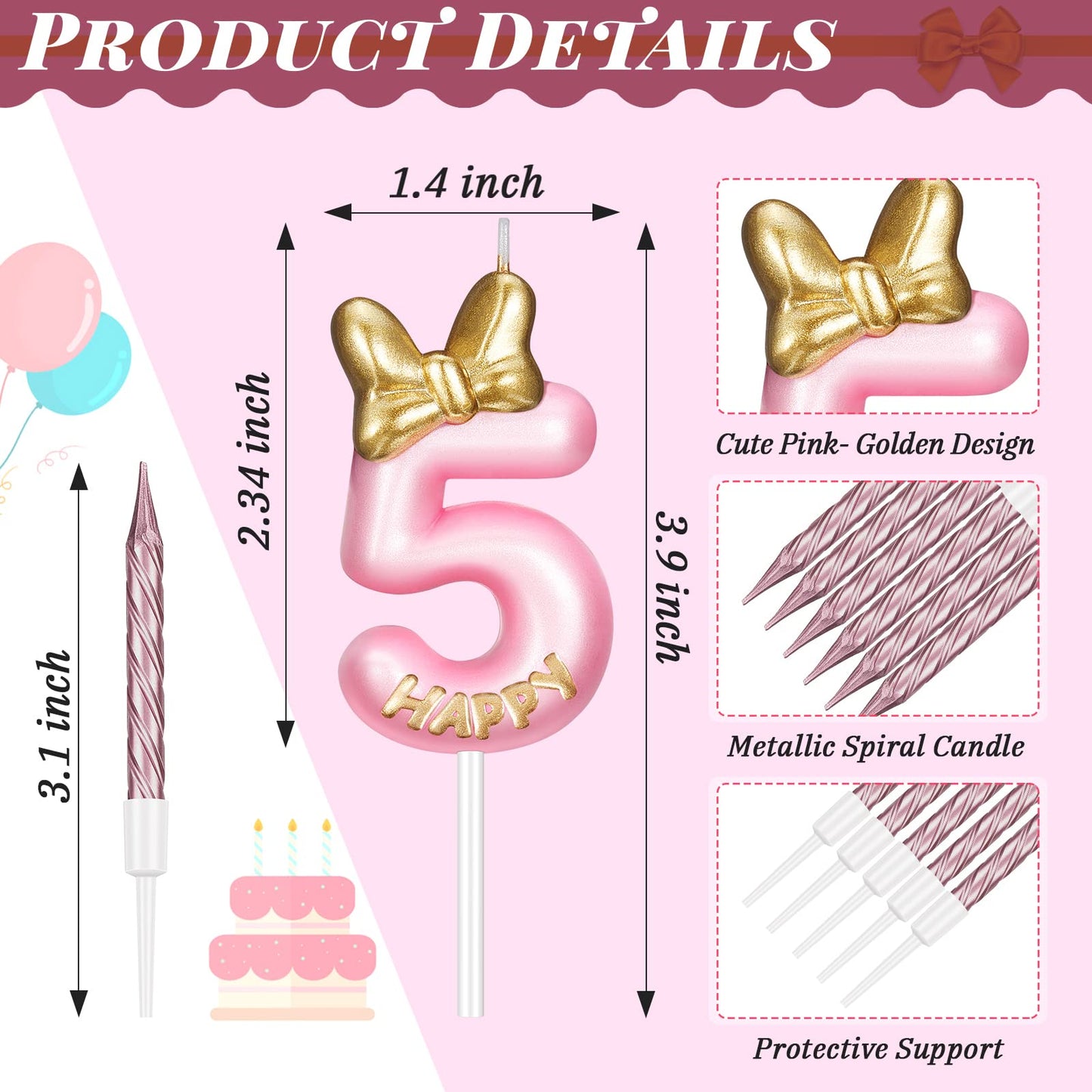 BBTO Number 5 Birthday Candle Pink Birthday Candle Girl with 10 Pieces Pink Candles Long Thin Cupcake Candles in Holders for Cak