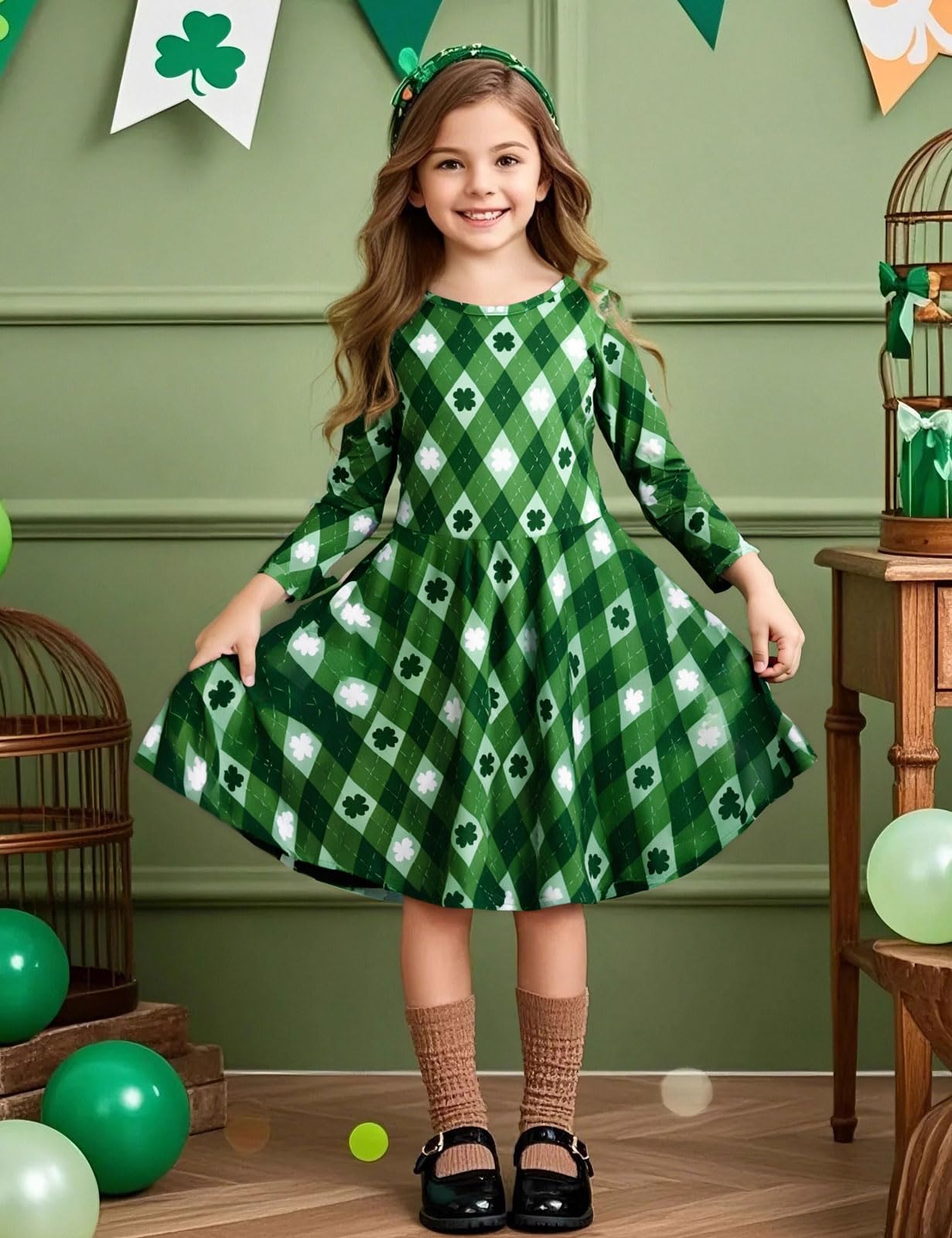 Cosland Girls St Patricks Day Dresses Kids Rhombus Outfits, Green, Small