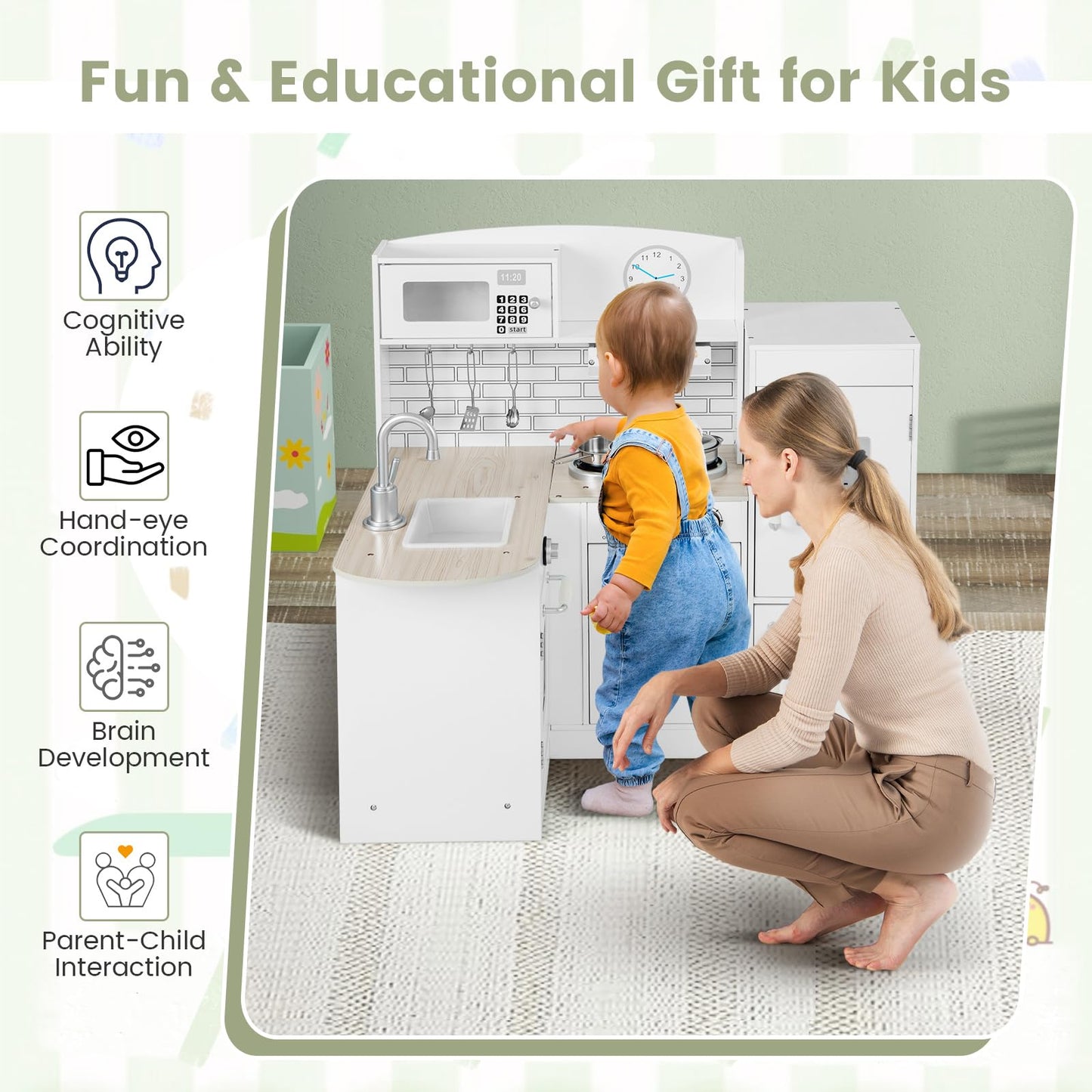 Costzon Kids Corner Kitchen Playset, 8-In-1 Wooden Play Kitchen Toy Set W/Realistic Microwave, Oven, Stove, Refrigerator, Water