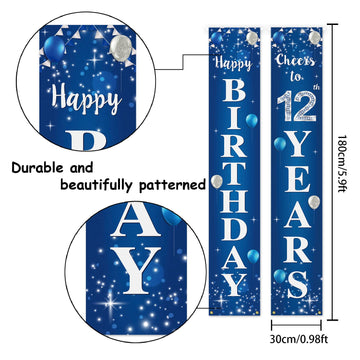 Happy 12Th Birthday Yard Sign Door Banner - Cheers To 12 Years Birthday Party Decorations Supplies For Men Women - Blue