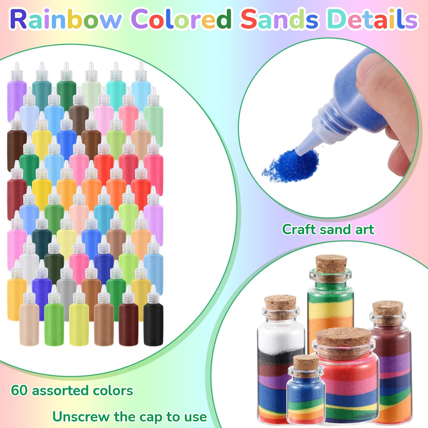 Wettarn 60 Pcs 1.25 oz Sand Art Bottle Kits 60 Colors of Sand Art Rangoli Colors for Painting DIY Drawing Favor Diwali Wedding D
