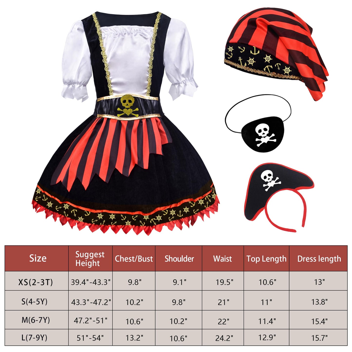 Zzihan Toddler Girls Pirate Costume Kids Pirate Princess Dress Accessories Hat Hairband Eye Patch Belt Pirate Gems Treasure Toys